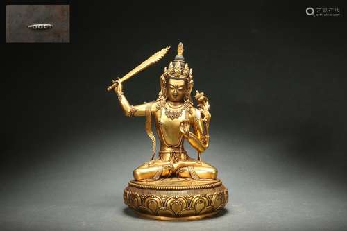 Gilt Statue of Buddha with Chinese Tibetan Dzi Bead Inlaid a...