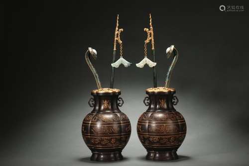 A Pair Red Sandalwood Cloisonne Vases with Gilt Design and J...