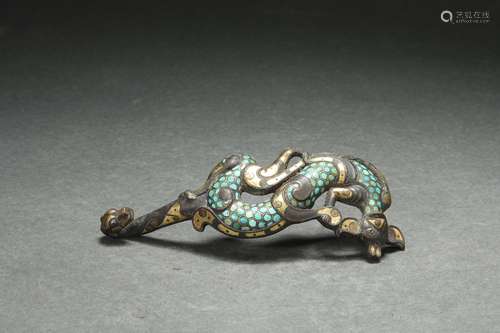 Bronze Belt Hook with Turquoise Embedded and Gold Plating De...