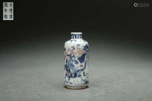 Underglazed Red and Blue Snuff Bottle with Figure Stories De...