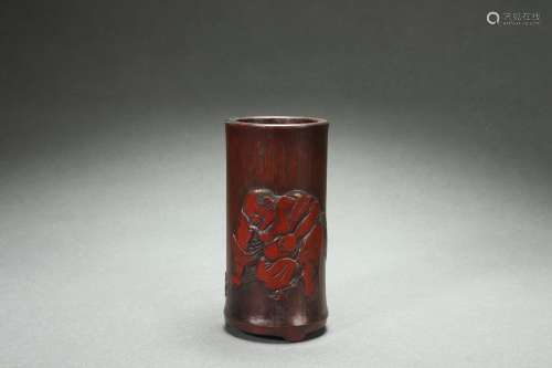 Bamboo Carved Brush Holder with Liu Hai Playing with Gold To...