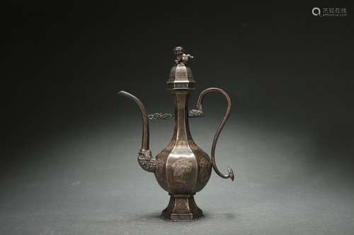 Silver Wine Kettle with Carved Ruyi-shaped Handle Design