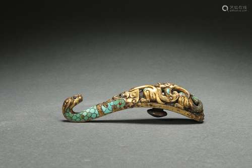 Bronze Belt Hook with Turquoise Embedded and Gold Plating De...