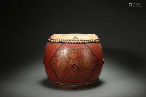 Colored Drawing Lacquered Drum, Qing Dynasty