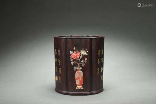 Red Sandalwood Brush Holder with Treasures Inlaid