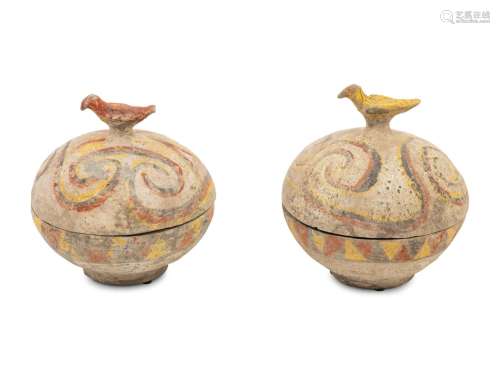 A Pair of Chinese Painted Pottery Bird-Head Covered Boxes