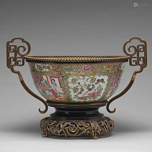 A large famille rose metal mounted Kanton punch bowl, Qing d...