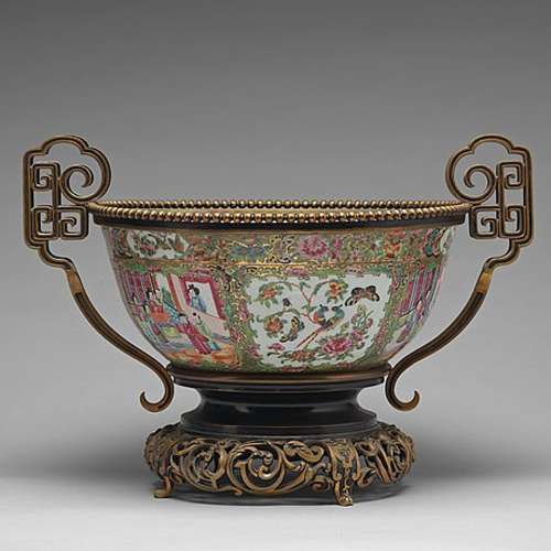 A large famille rose metal mounted Kanton punch bowl, Qing d...