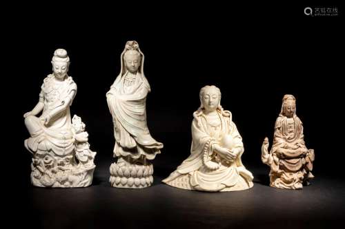 Four Chinese Blanc-de-Chine Porcelain Figures of Guanyin