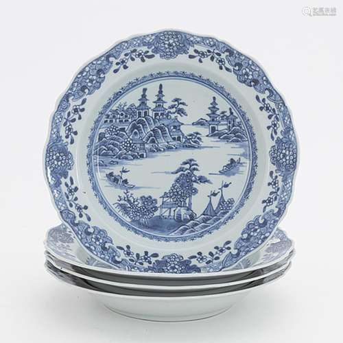 A set of four blue and white soup dishes, Qing dynasty, Qian...