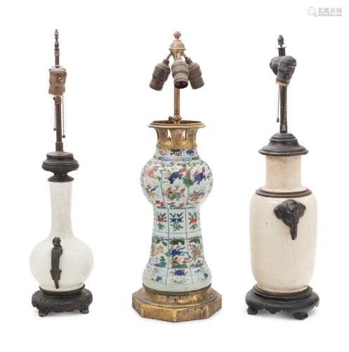 Three Chinese Porcelain Vases Mounted as Lamps