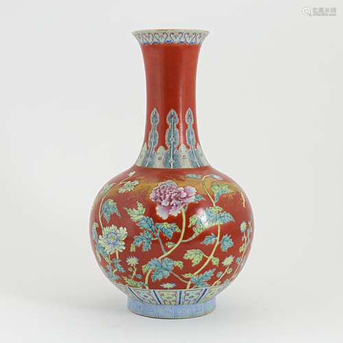 A famille rose red ground vase, probably Republic, first hal...