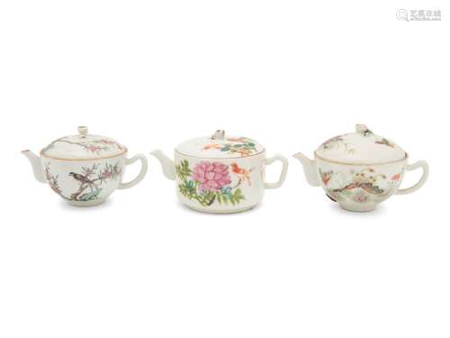 Three Chinese Famille Rose Porcelain Teapots