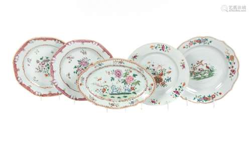 Five Chinese Export Famille Rose Porcelain Plates