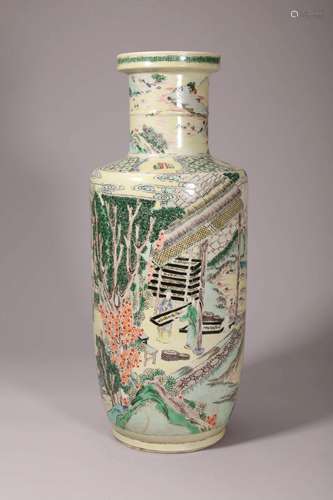 Yellow Ground Wucai Figure and Story Rouleau Vase