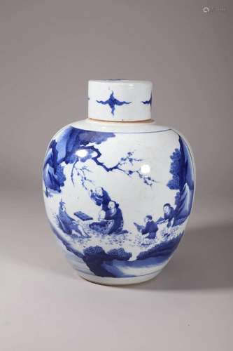 Blue and White Figure and Story Jar and Cover