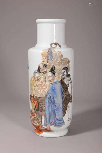 Famille Rose Figure and Story Rouleau Vase