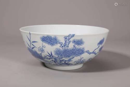 Blue and White Pine, Bamboo and Plum Inscription Bowl