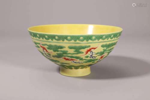 Yellow Ground Famille Rose Bats and Shou Bowl