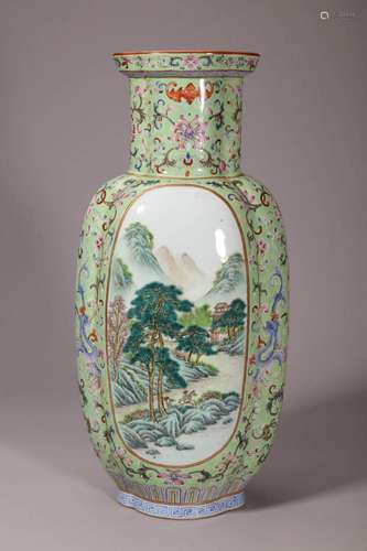 Green Ground Famille Rose Landscape Panel Vase