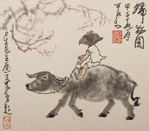 Chinese Oxherding Painting, Ink and Colour on Paper, Li Kera...