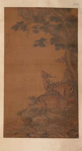 Chinese Deer Painting, Ink and Colour on Silk, Hanging Scrol...