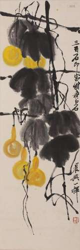 Chinese Gourd Painting, Ink and Colour on Paper, Hanging Scr...