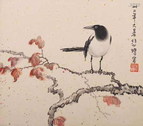 Chinese Magpie Painting on Paper, Xu Beihong Mark