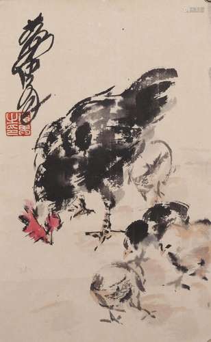 Chinese Rooster Painting on Paper, Huang Zhou Mark