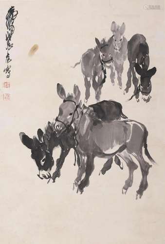 Chinese Donkey Painting, Hanging Scroll, Huang Zhou Mark