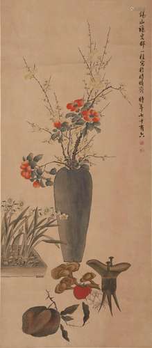 Chinese Flower Painting, Hanging Scroll, Zou Yigui Mark