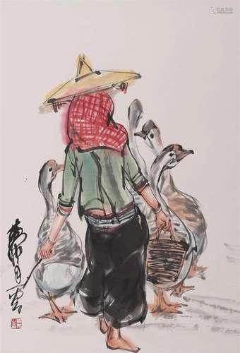 Chinese Feeding Goose Painting? Ink and Colour on Paper, Han...