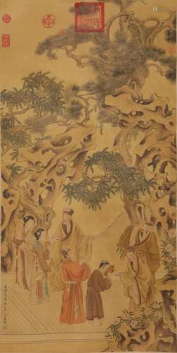 Chinese Figure Painting, Ink and Colour on Silk, Hanging Scr...