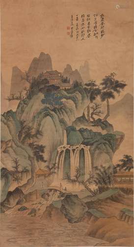 Chinese Landscape Painting, Ink and Color on Silk, Hanging S...