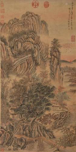 Chinese Landscape Painting, Hanging Scroll, Wu Zhen Mark