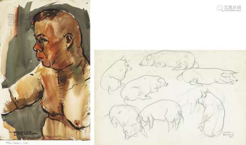 1912-2002 刘其伟 人物、动物画像(二件一组) 水彩 炭笔 纸本