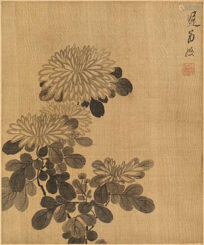 1598-1652 陈洪绶 陈老莲绘墨菊图 立轴 水墨 纸本
