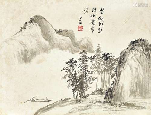 1896-1963 溥心畬 秋溪放艇 镜框 水墨 画仙板