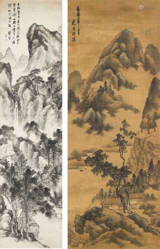 1570-1631、1618-1689 龚贤、米万钟 山水(二件一组) 立轴 设色 纸本