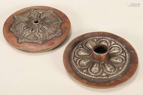 Two Tibetan Copper and Silver Prayer Wheel Ends,