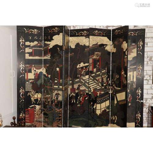 Large Chinese Eight Panel Black Lacquer Screen,