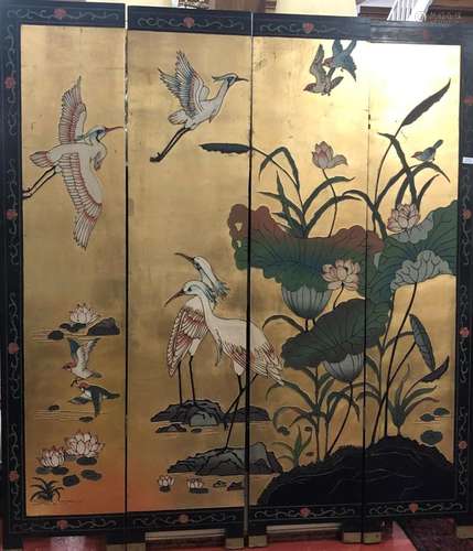 Chinese Four Panel Black Lacquer & Gilt Folding