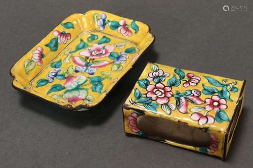 Cantonese Enamel Tray and Matchbox Case,