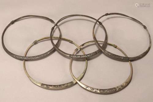 Five Chinese Metal Neck Rings,