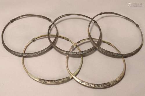 Five Chinese Metal Neck Rings,