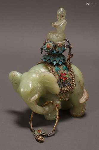 Chinese Jade, Enamel and Filigree Figure Group,