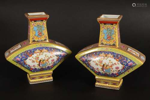 Pair of Chinese Polychrome Porcelain Vases,