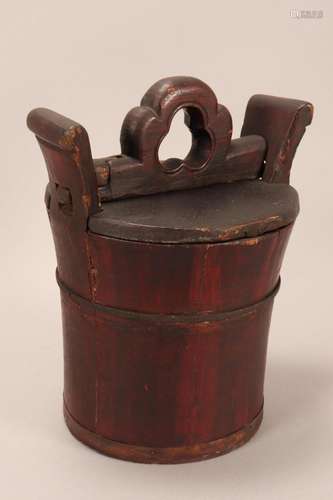 Chinese Wood and Red Lacquered Water Pot,