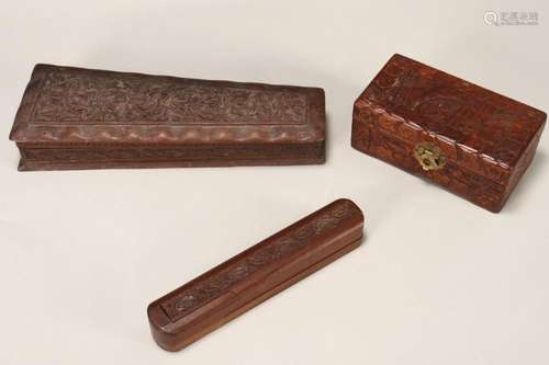 Three Indian Carved Wooden Boxes,