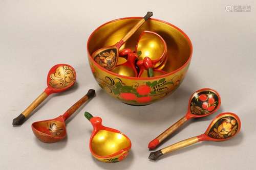 Russian Folk Art Bowl, Five Cups and